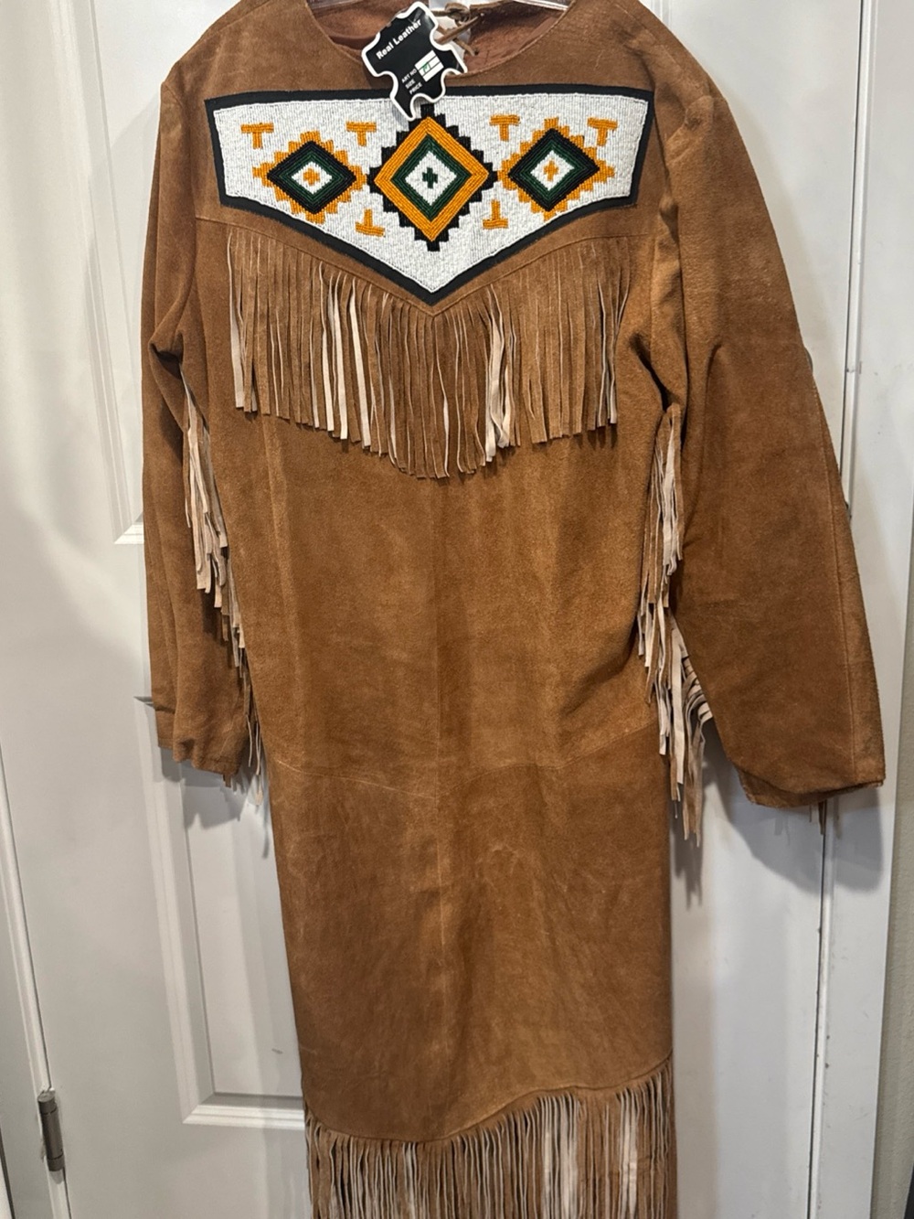 Fringed Suede Leather Jacket with Beaded Yoke - Brown